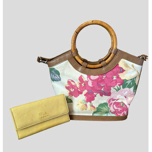 Fossil Floral Leather Canvas Handbag Purse With Leather Wallet Lot